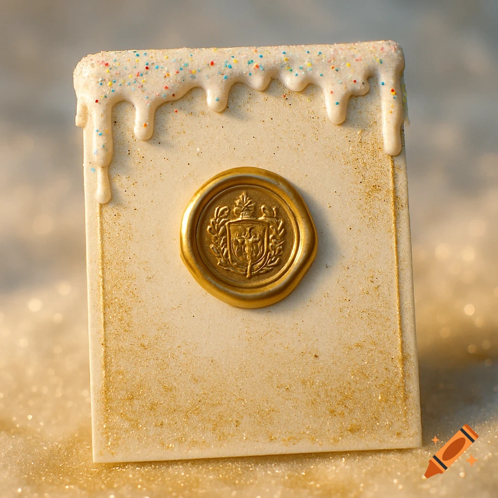A white invitation card decorated with dripping white frosting, colorful sprinkles, gold glitter, and a golden wax seal with a crest.