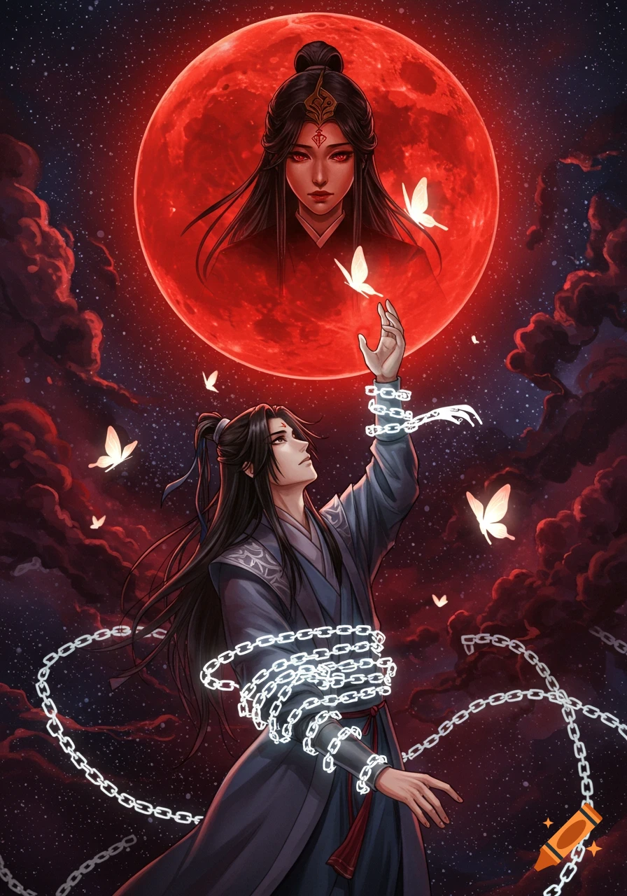 Anime illustration of a chained man reaching for a red moon with a woman's face. Glowing butterflies surround them in a starry night.