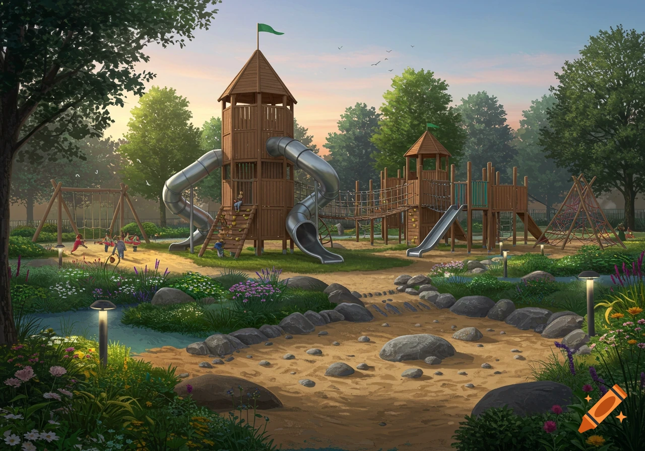 A detailed outdoor playground featuring wooden towers, slides, swings, and climbing frames, surrounded by lush trees and plants, with children playing in sand and rocks.