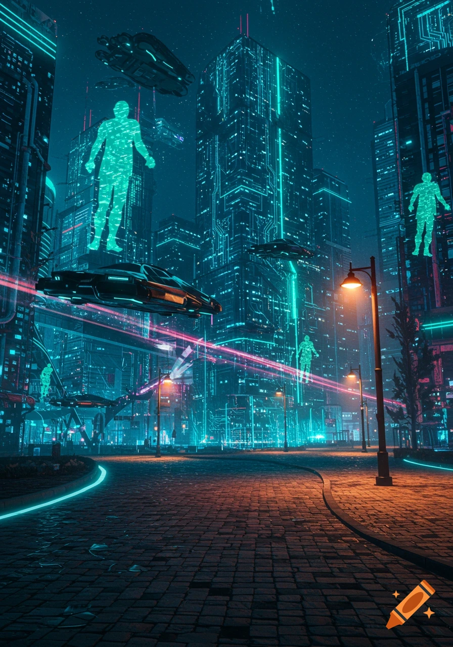 Vibrant sci-fi city at night with neon-lit skyscrapers, flying vehicles, glowing holographic figures, and a cobblestone street.