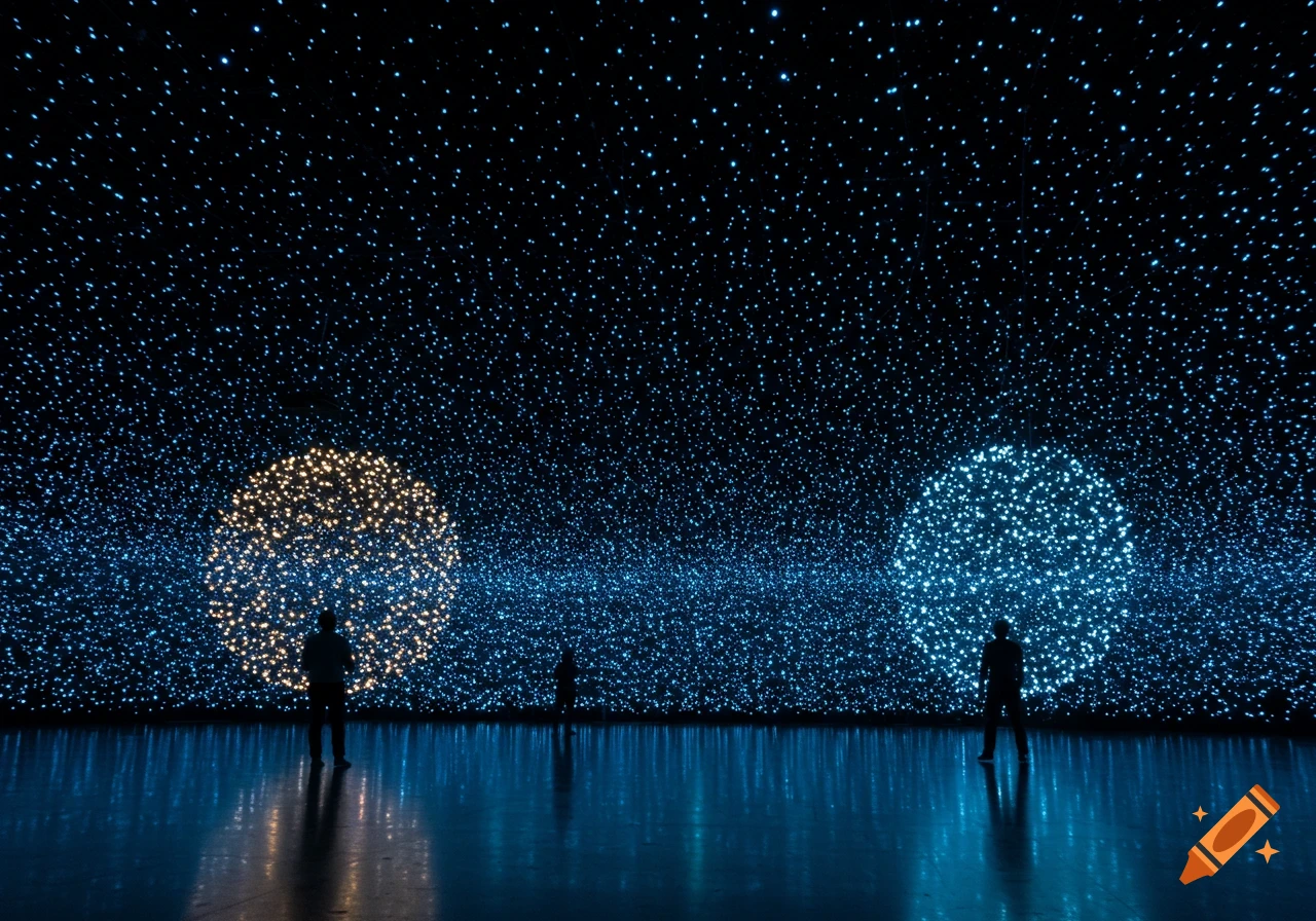 Silhouettes of two people stand in a dark room filled with blue light, under a starry ceiling with golden and blue glowing spheres.