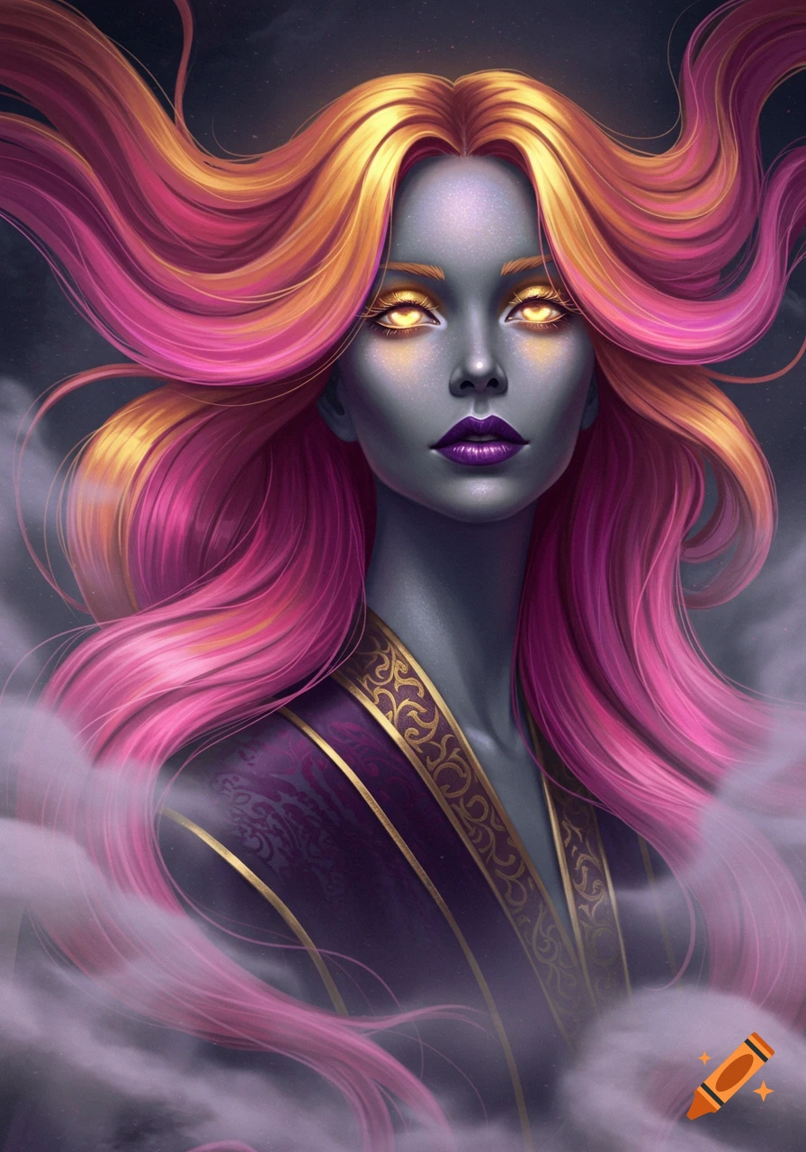 Stylized portrait of a woman with grey skin, golden glowing eyes, purple lips, and flowing gold and pink hair in a purple, gold-trimmed robe, emerging from mist.