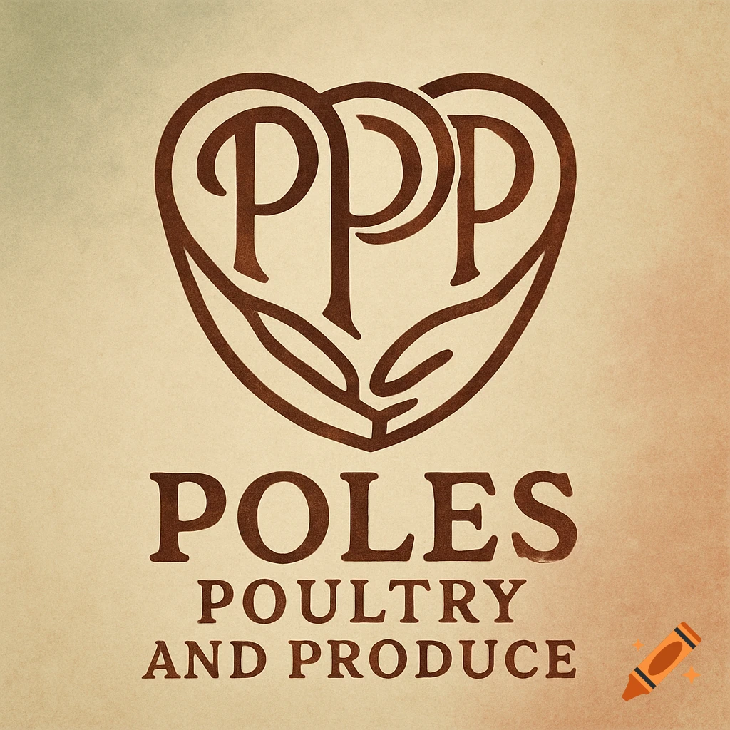 Logo for Poles Poultry and Produce with three interlocking P's forming a heart, in a rustic style.