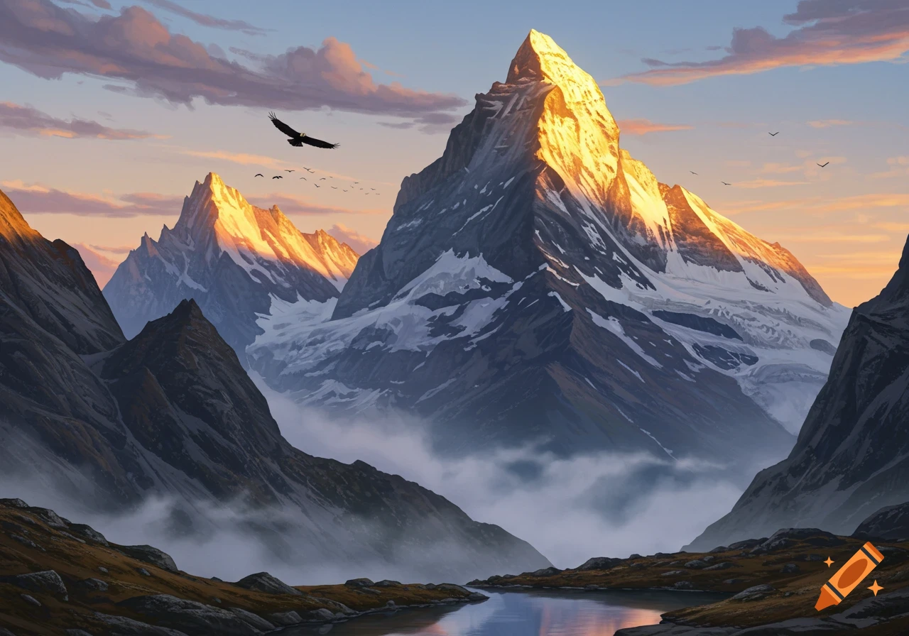 A serene digital painting of snow-capped mountains at sunrise, with golden light on peaks, mist in valleys, a lake, and birds flying.