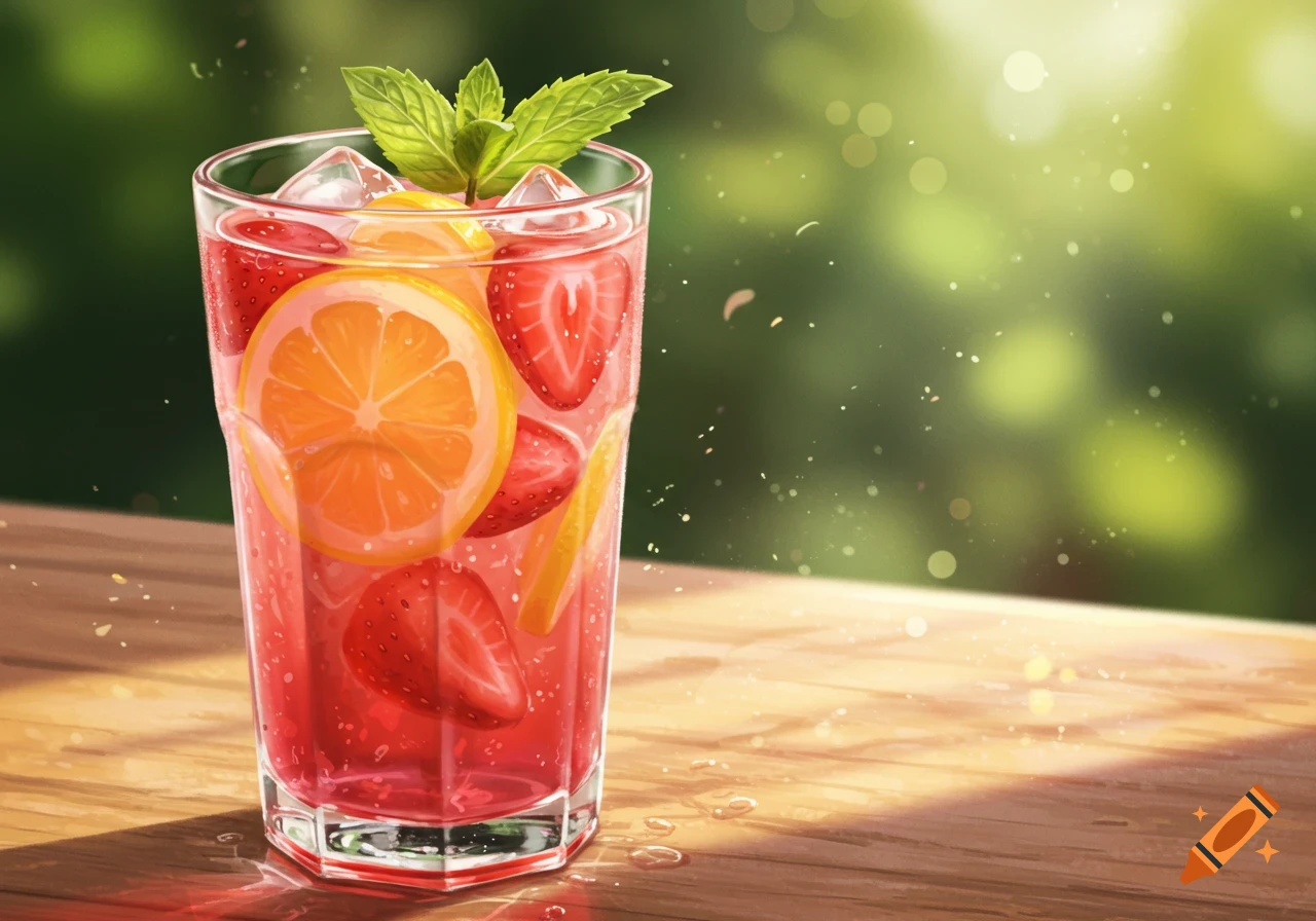 A refreshing pink fruit drink with lemon and strawberry slices, ice, and mint leaves on a wooden table outdoors with bokeh lights.
