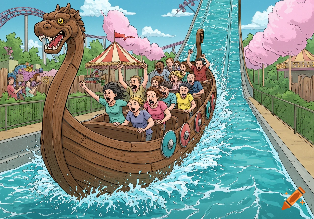 A vibrant comic illustration of people screaming with excitement on a Viking boat water ride at an amusement park.