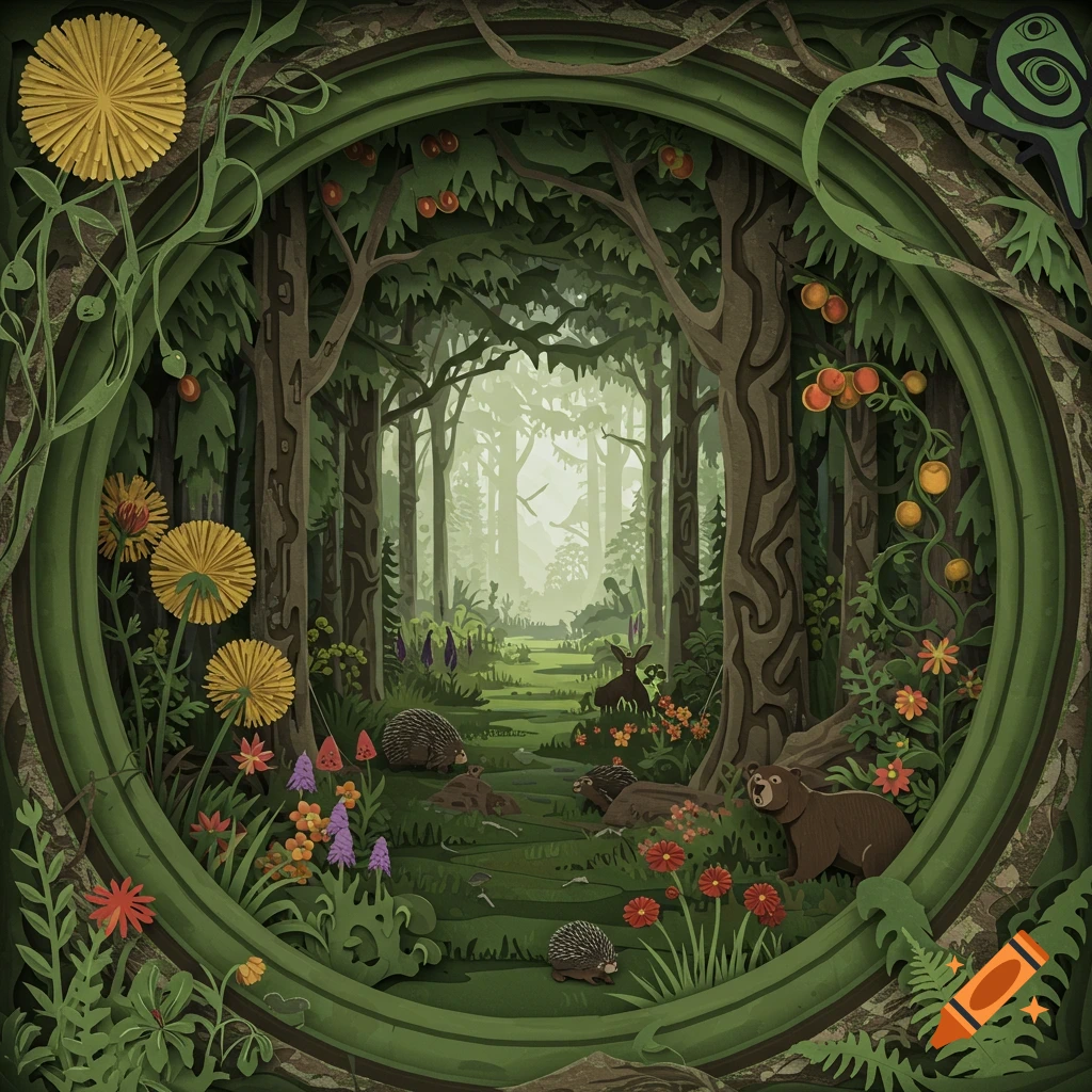 A vibrant 3D layered paper-cut forest scene with animals like a bear, porcupines, and deer, surrounded by lush trees, flowers, and vines within an oval frame.