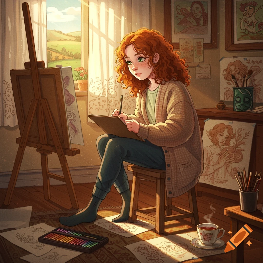 An illustrated ginger girl draws in a sunlit art studio, surrounded by sketches and an easel.