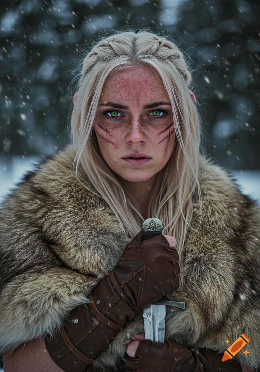 Photorealistic portrait of a fierce blonde woman with green eyes and facial markings, wearing fur and holding a dagger in a snowy winter landscape.