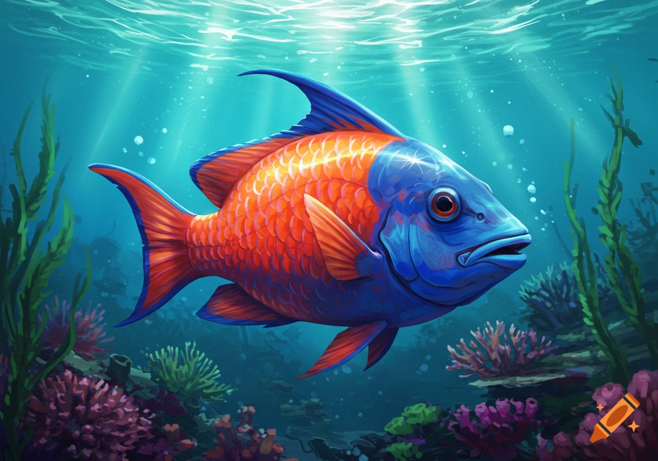 A vibrant orange and blue fish with a prominent fin swims in a sunny underwater coral reef with green and pink plants.