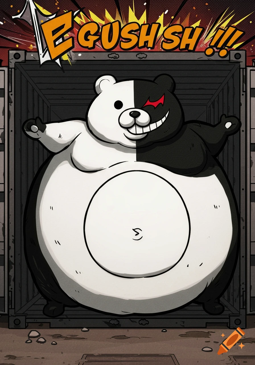 An obese Monokuma bear in Danganronpa anime style, standing in a cargo container with comic text 'E GUSH SH!!!'.