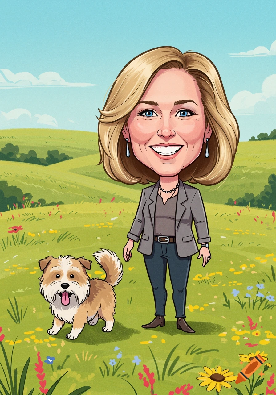 Cartoon caricature of a blonde woman and a shaggy dog standing in a green field with wildflowers under a blue sky.