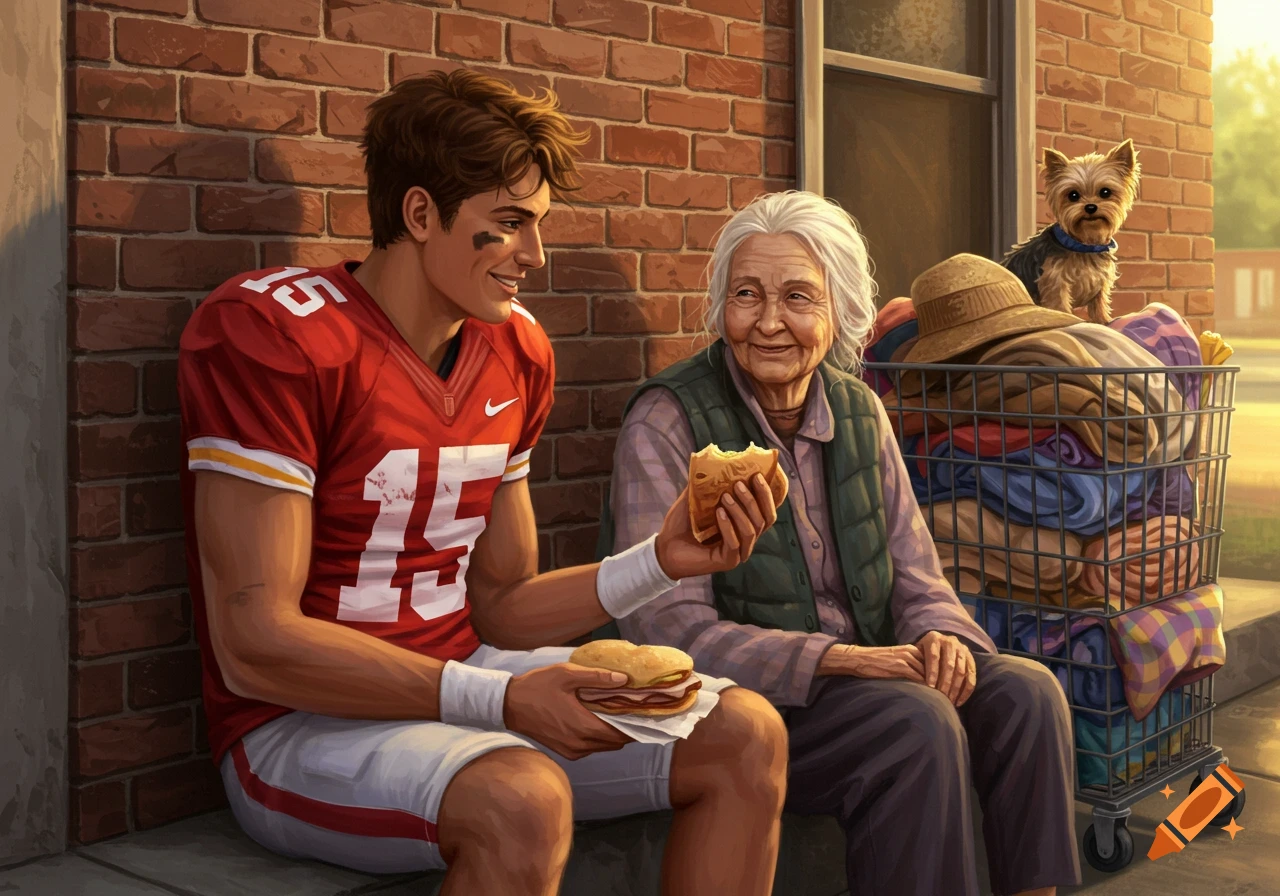 A smiling football player in a red jersey gives a sandwich to an elderly homeless woman. A small dog sits on a nearby shopping cart.