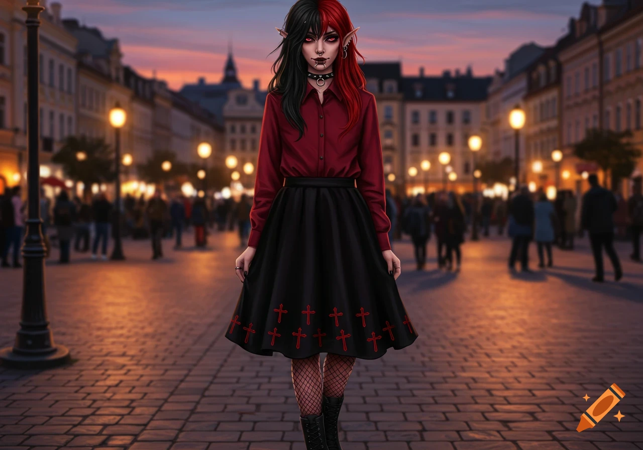 A stylized gothic character with split red and black hair, elf ears, and red eyes stands on a cobblestone street at dusk.
