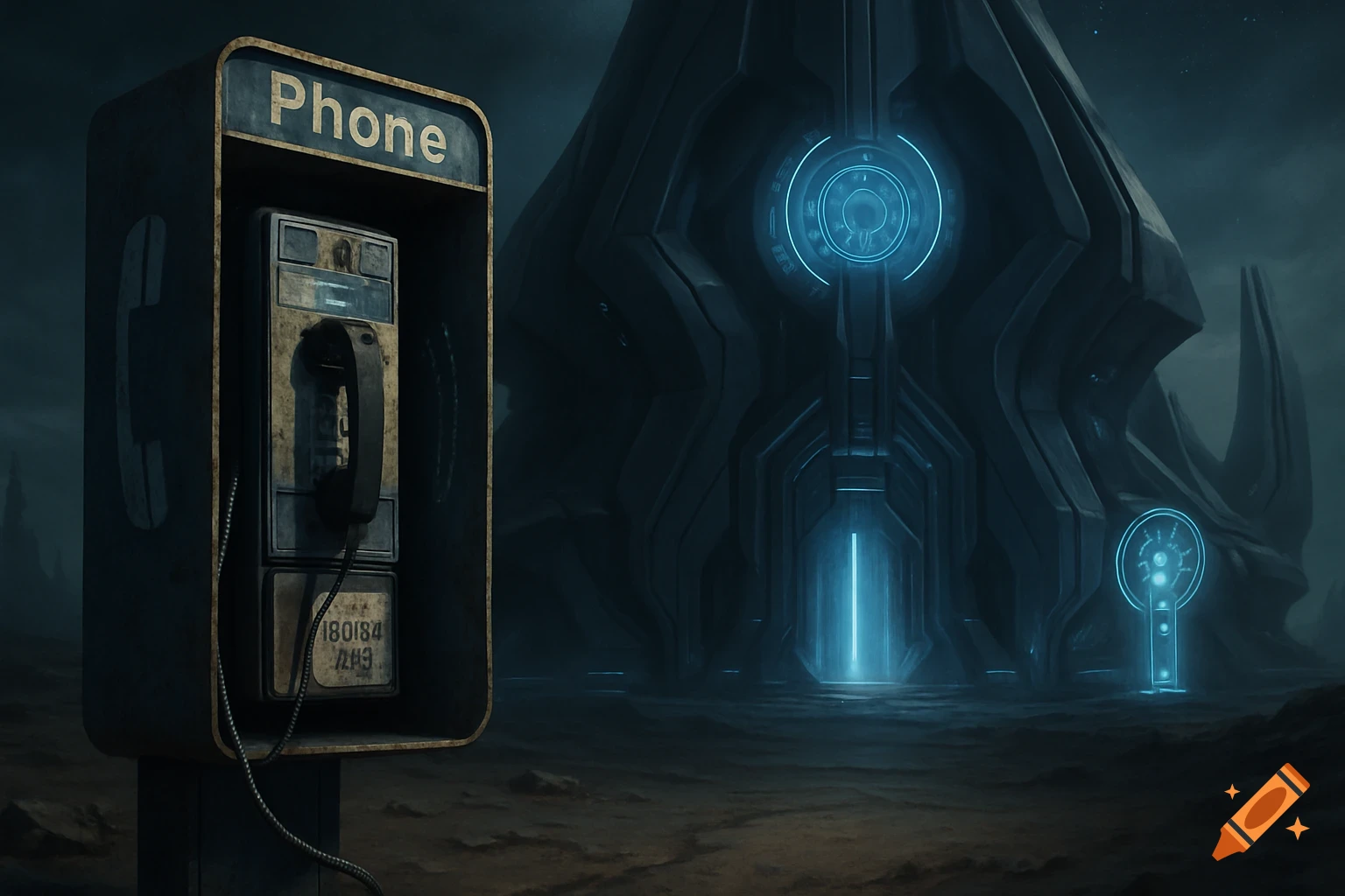 An old, weathered payphone stands in a desolate landscape next to a large, dark, futuristic alien base glowing with blue light. The sky is dark and cloudy.