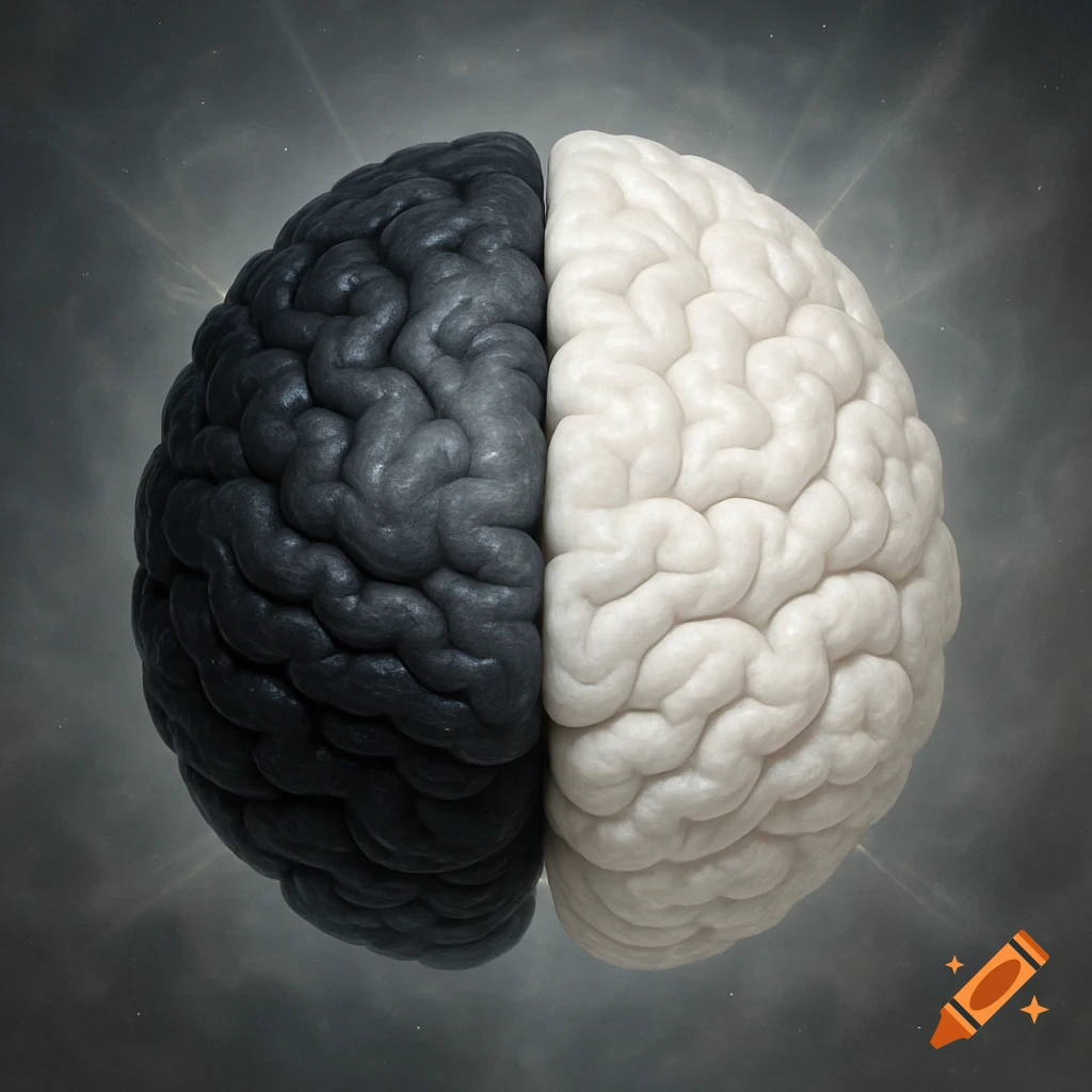 A human brain split vertically into a dark grey left hemisphere and a white right hemisphere, against a cloudy, glowing background.