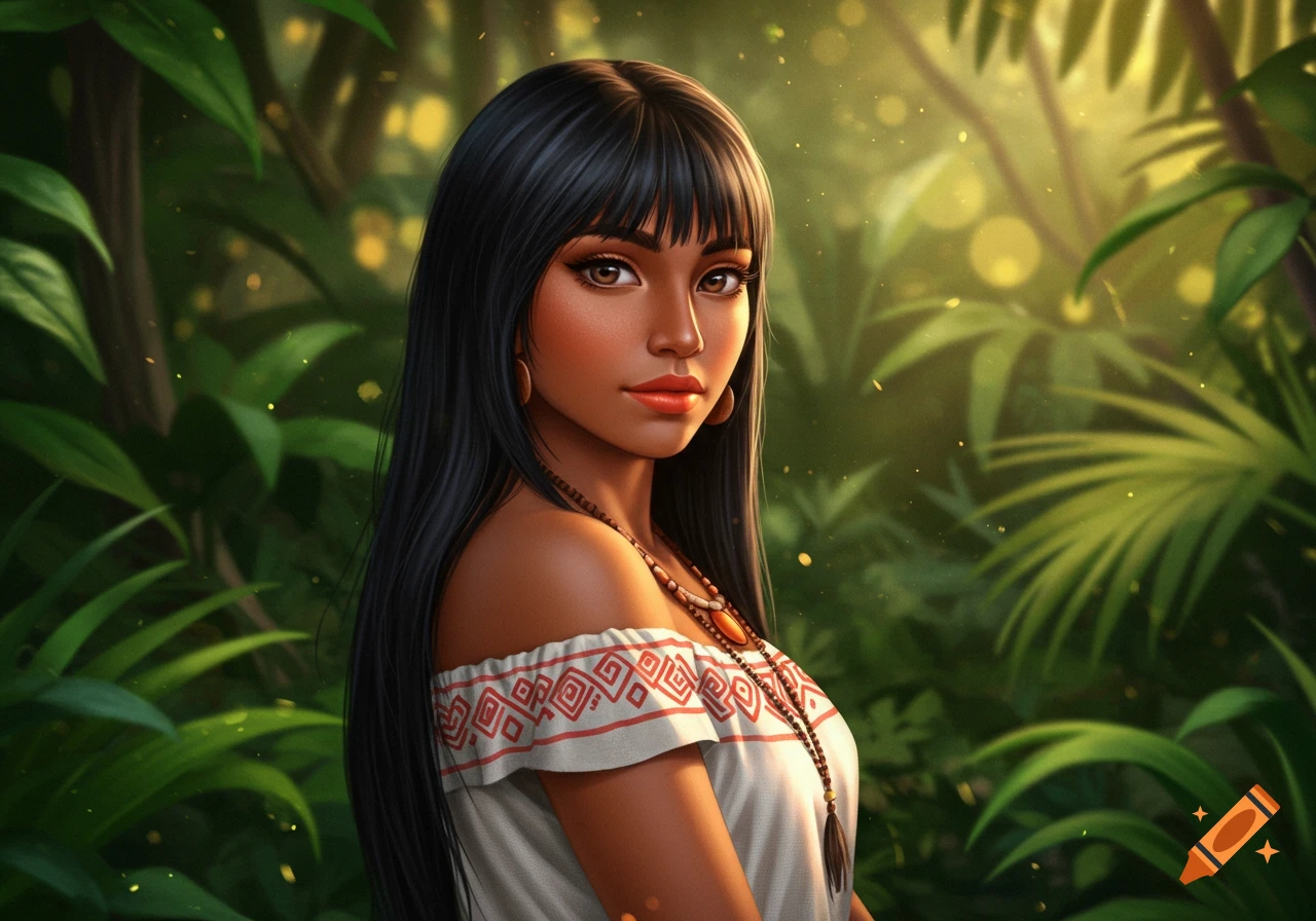 Stylized digital art portrait of a young indigenous woman with long black hair, coral lips, and a beaded necklace, in a lush green jungle.
