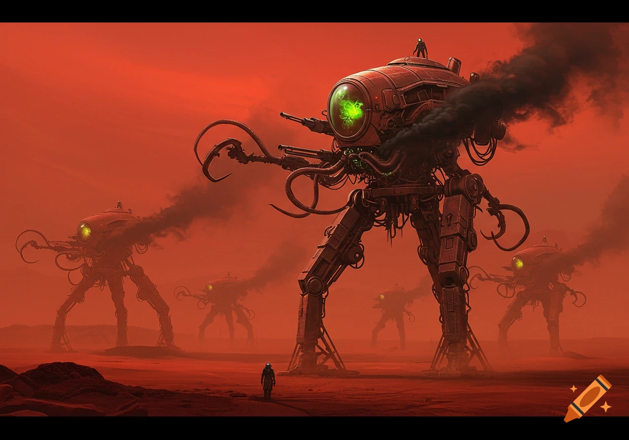Sci-fi digital painting of large, three-legged mechs with glowing green eyes emitting black smoke in a desolate red alien landscape, a lone human watching.