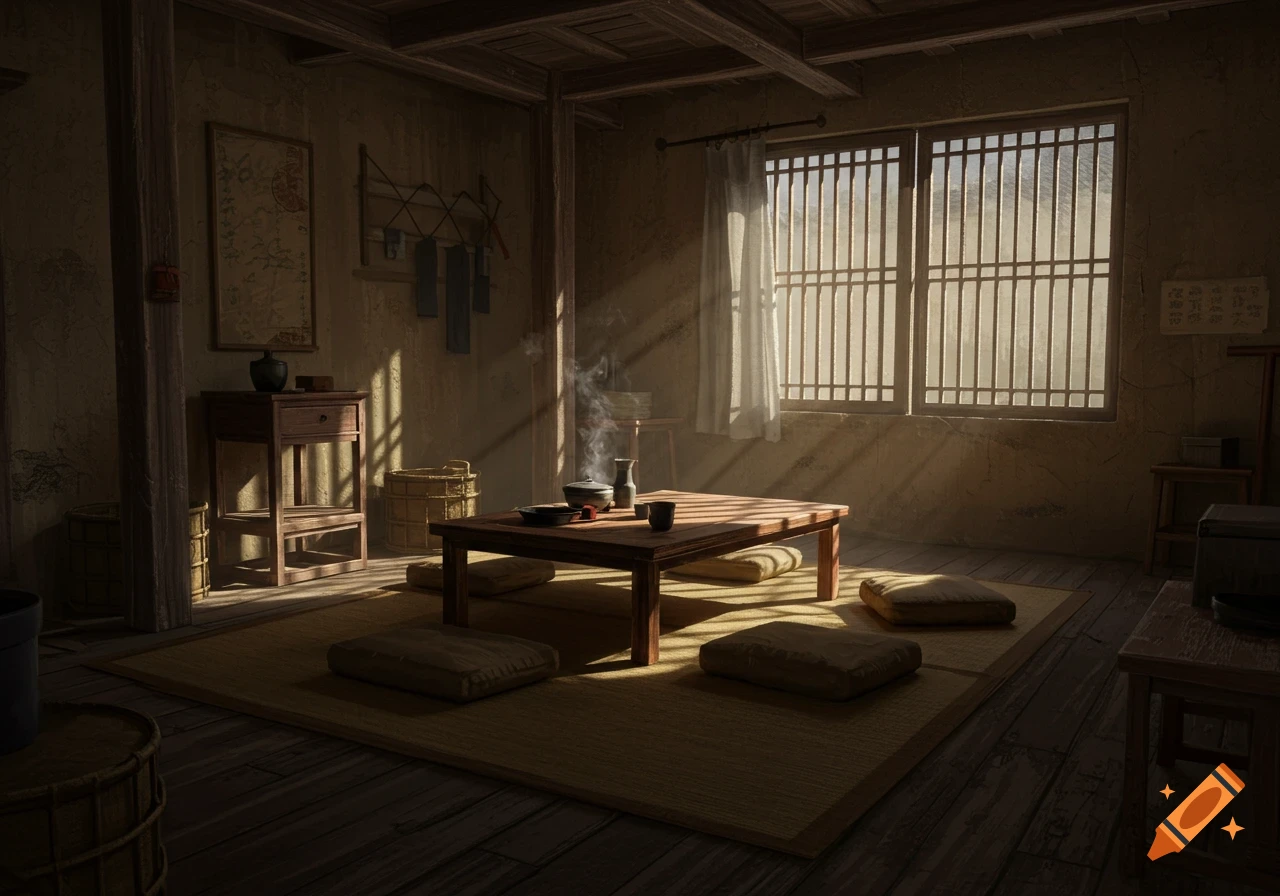 A rustic, dimly lit ancient Chinese peasant interior with sunlight streaming through a barred window onto a low wooden table and floor cushions.