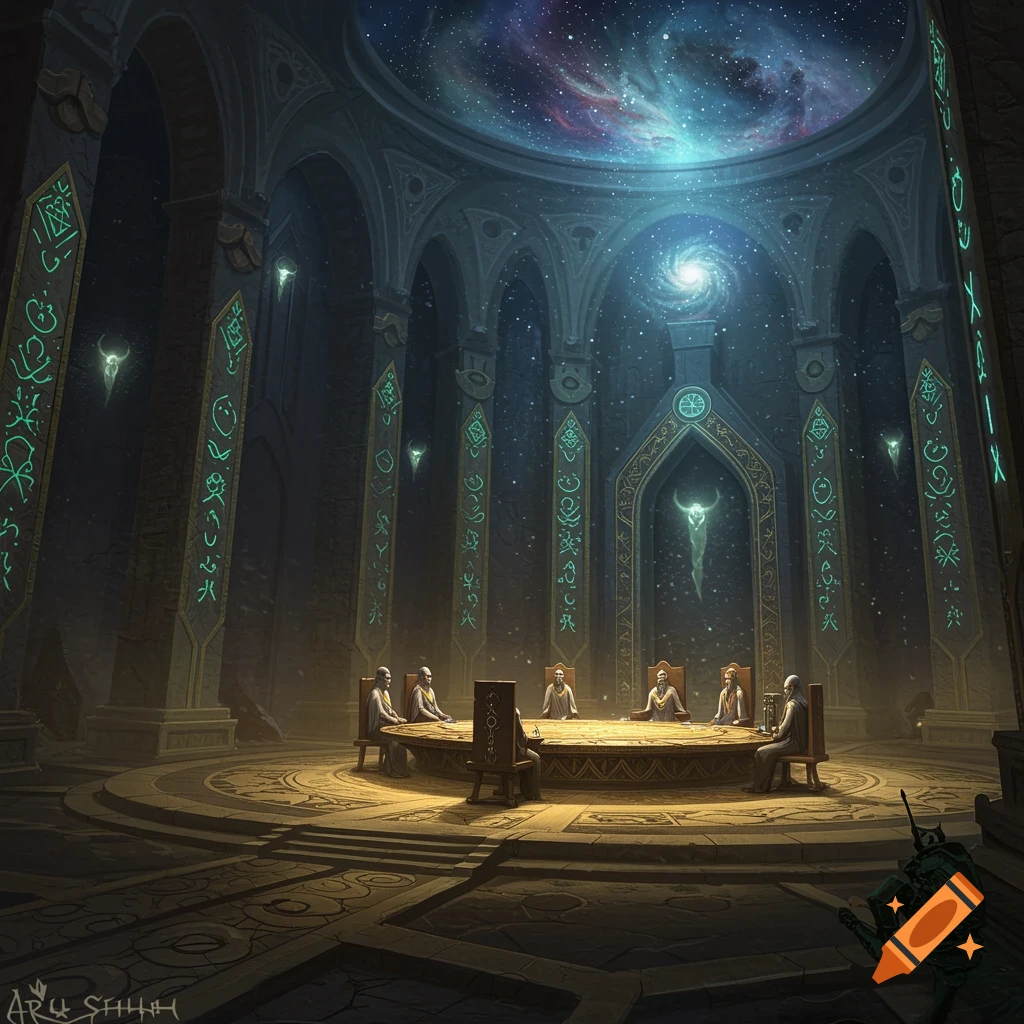 A mystical council chamber with robed figures at a round table, glowing ancient symbols on pillars, and a cosmic ceiling with a nebula.