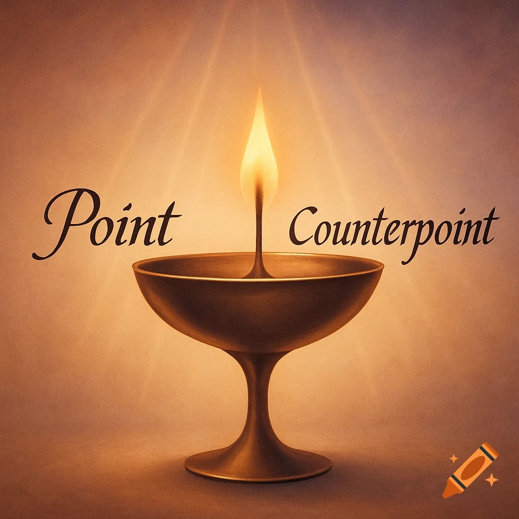 A glowing Unitarian Universalist chalice with the word 'Point' on the left and 'Counterpoint' on the right of its flame.