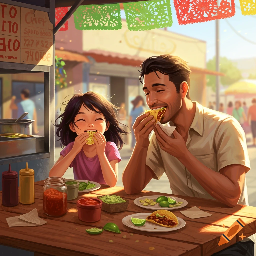 A smiling father and daughter eat tacos at an outdoor stand with colorful banners, cartoon style.