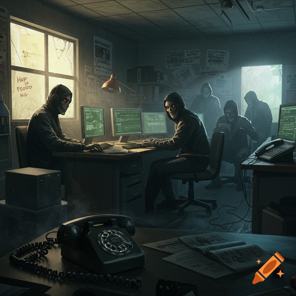 Ominous figures with skull-like faces and glowing red eyes work at computers in a dark, messy office, with an old rotary phone in the foreground.