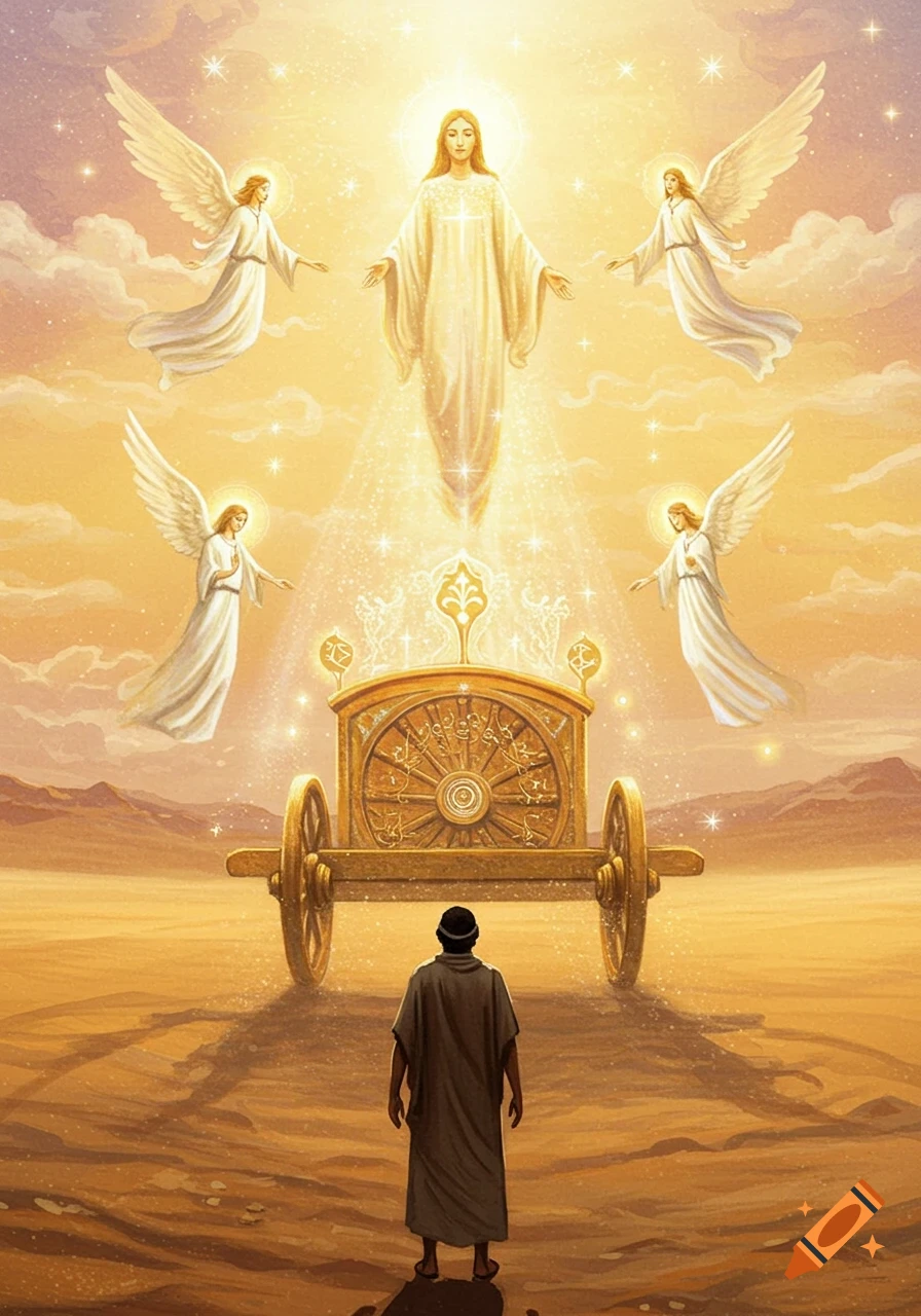 A prophet stands in a desert gazing up at a luminous celestial chariot surrounded by glowing angels, bathed in golden light. Mystical digital art.