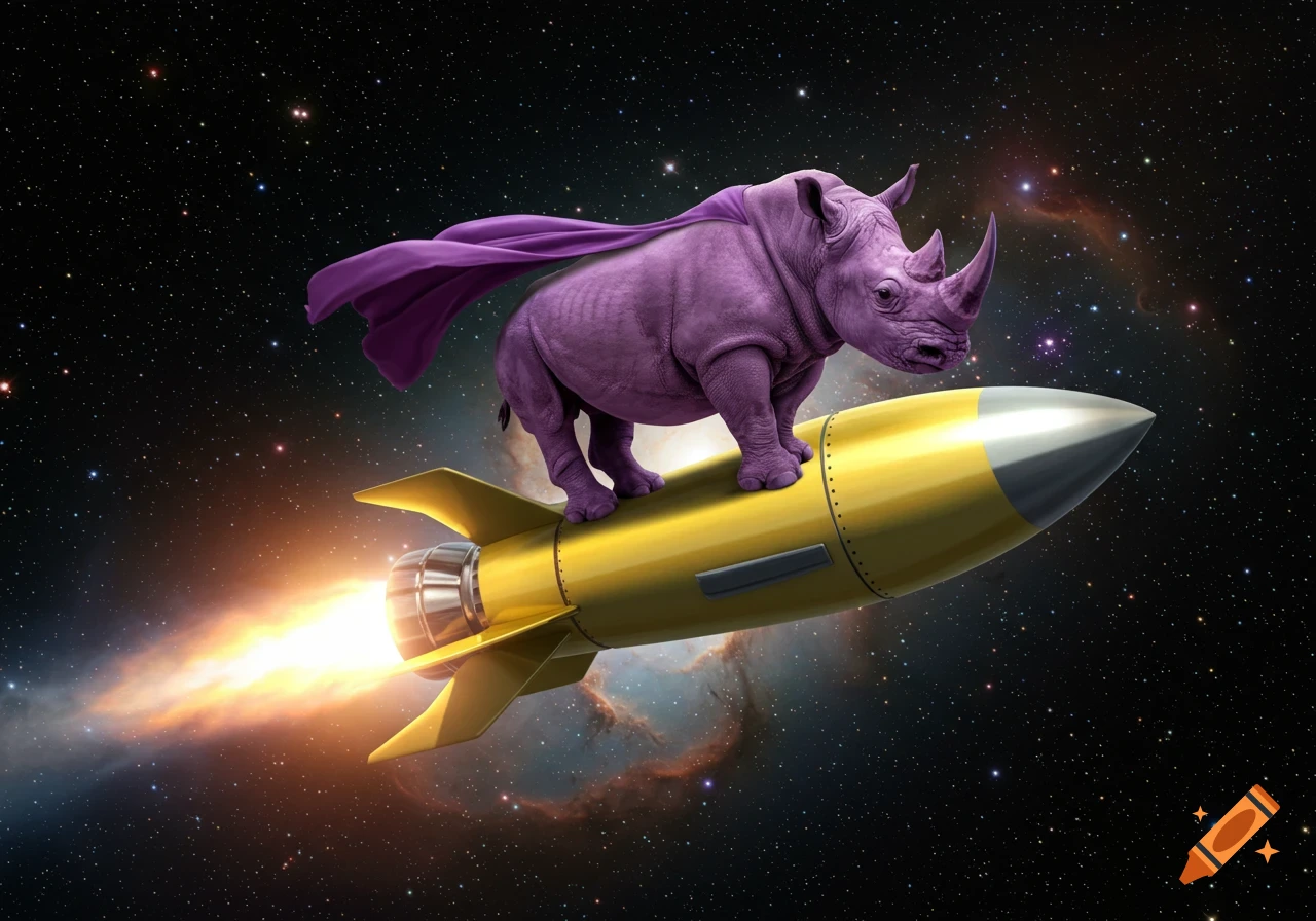 A purple rhino wearing a cape stands on a yellow rocket flying through space, against a backdrop of stars and nebulae.