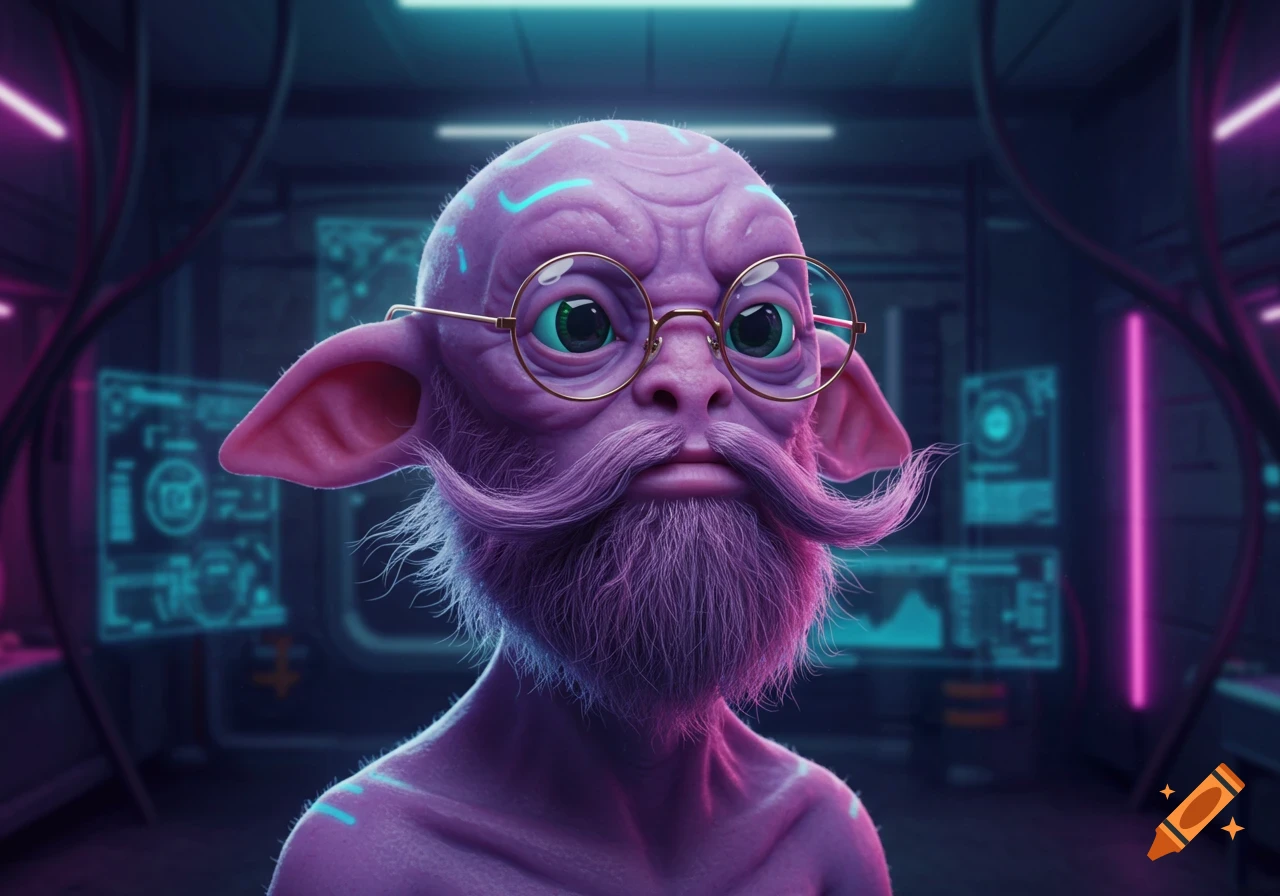 A purple alien with a wrinkled head, large ears, glasses, and a long purple mustache and beard, in a futuristic setting with neon lights.
