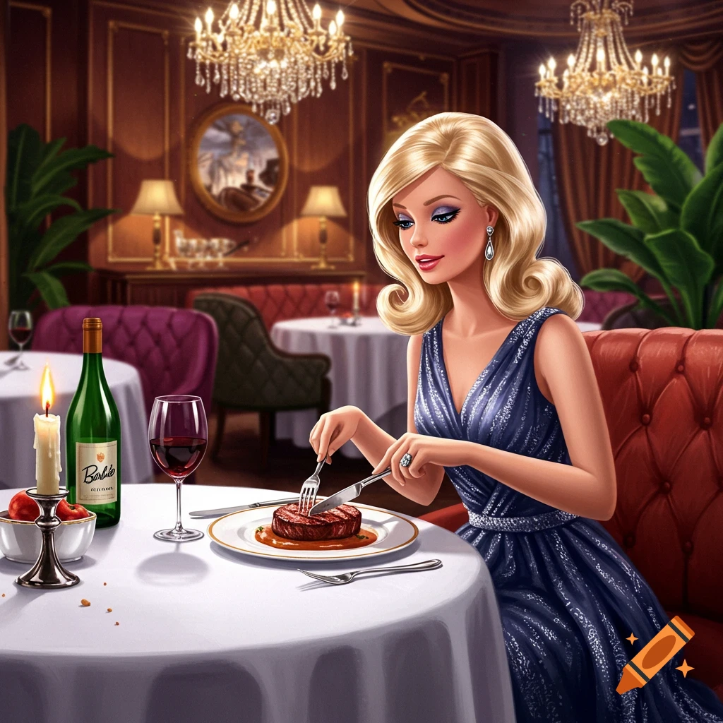 A stylish Barbie doll in a blue dress dines on steak at a fancy restaurant with chandeliers, a candle, and a wine bottle.