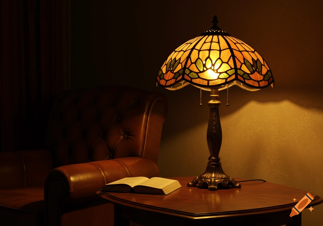 A cozy interior scene with a lit Tiffany-style lamp on a wooden table next to an open book and a brown leather armchair.