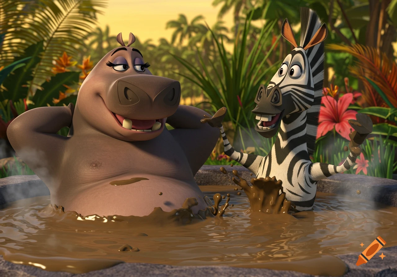 Gloria the hippo and Marty the zebra from Madagascar relaxing in a muddy hot tub in a jungle setting.