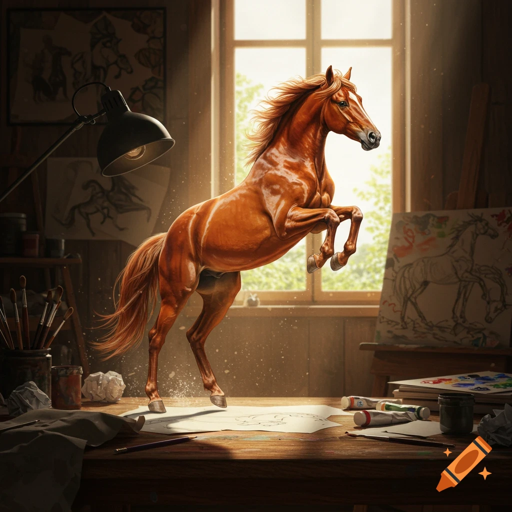 A photorealistic brown horse with a flowing mane leaps off a drawing on a wooden desk in a sunlit artist's studio.
