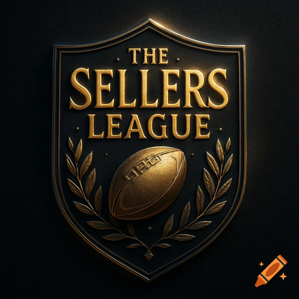 A luxurious golden and black shield logo for "THE SELLERS LEAGUE" featuring a football and laurel wreaths.