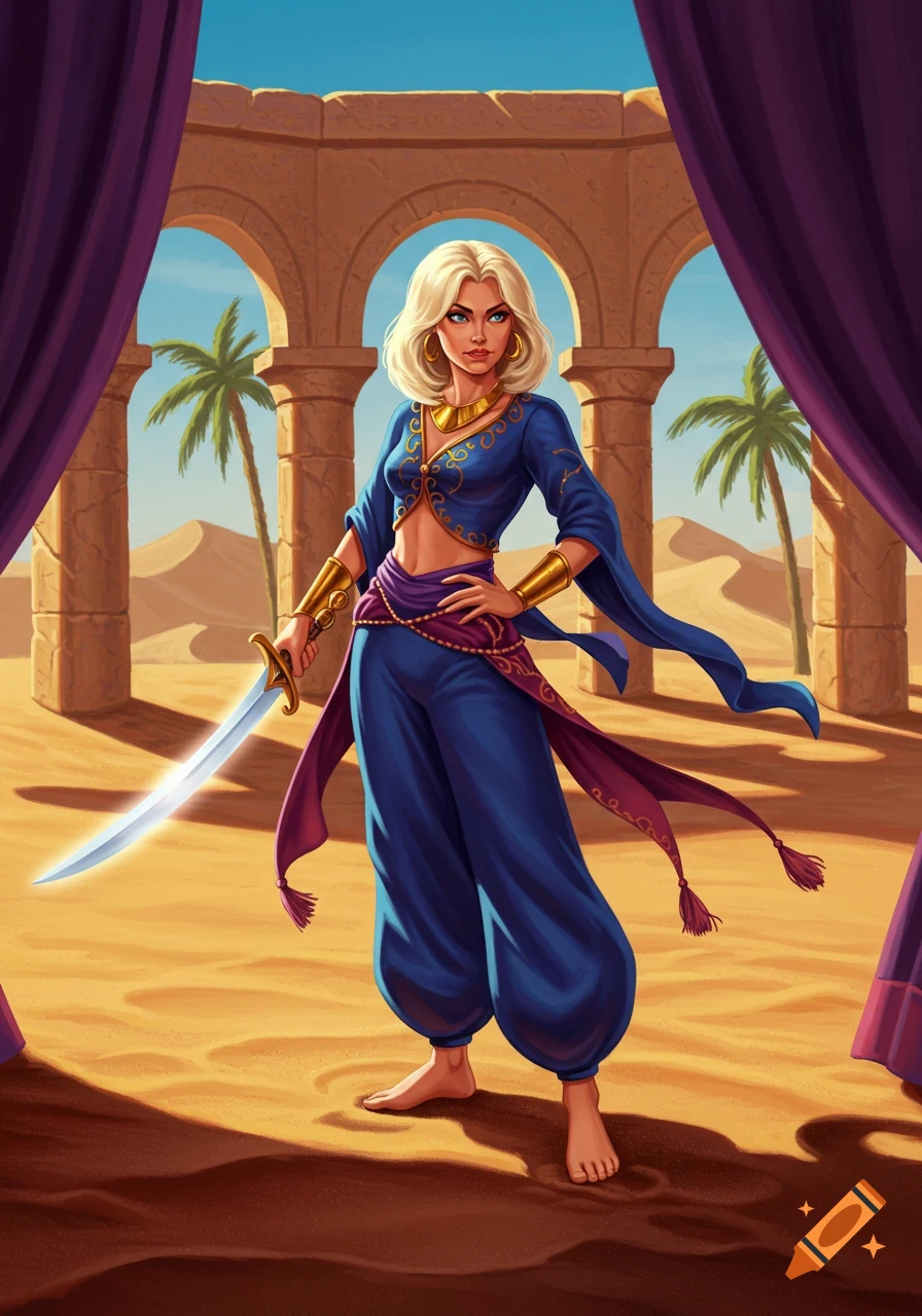 A blonde warrior woman in blue harem attire and gold jewelry, holding a glowing sword in a desert with stone arches.