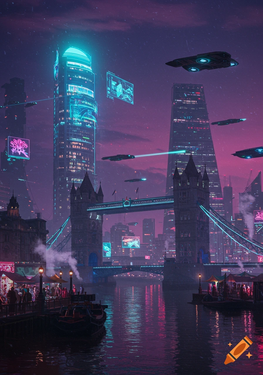 A vibrant cyberpunk London at dusk, featuring the iconic Tower Bridge and towering neon-lit skyscrapers, with flying vehicles in the purple sky and bustling riverbanks.