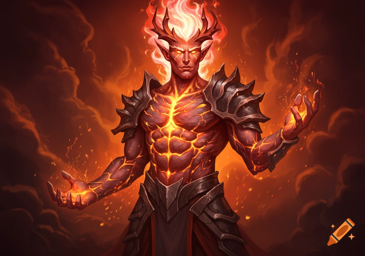 A fierce fantasy flame elemental with fiery red skin, glowing eyes, and dark spiky armor, hands radiating fire amidst smoke and embers.