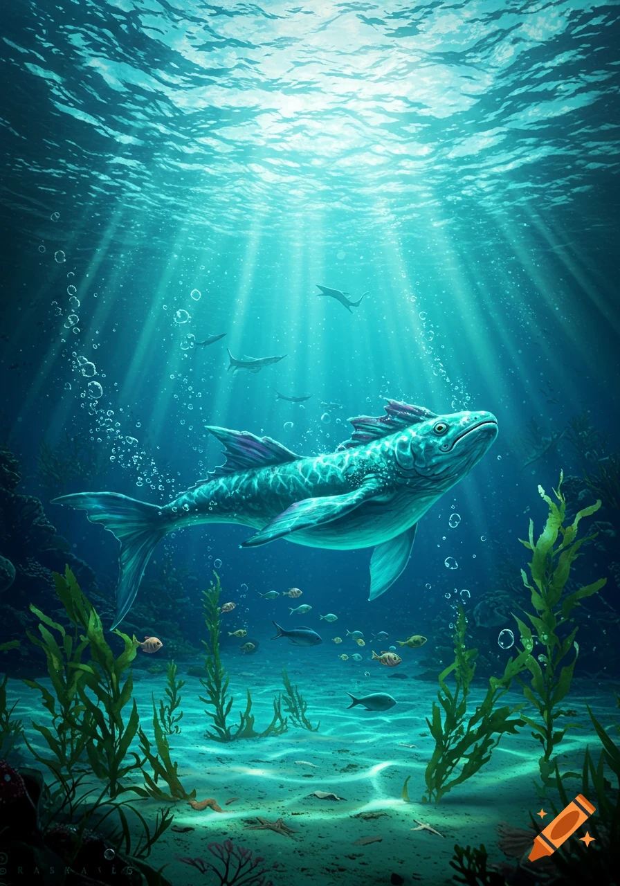 A large turquoise fish swims in a sunlit underwater scene with kelp and coral, surrounded by smaller fish and bubbles.