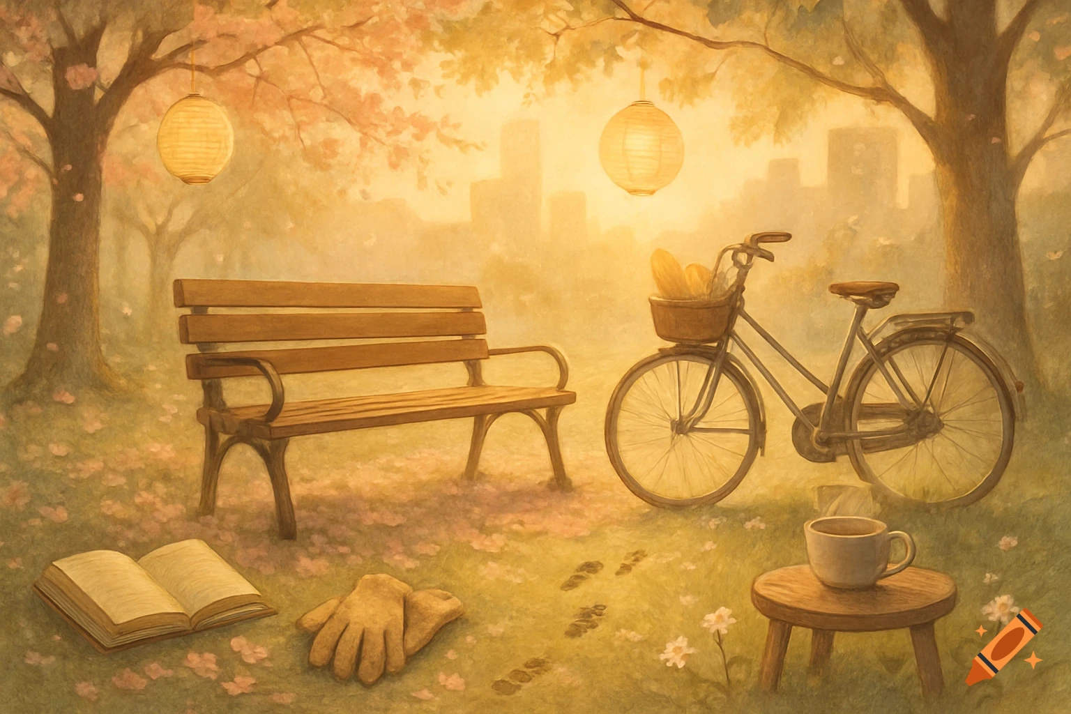 A warm, painterly park scene with a wooden bench, bicycle, open book, and coffee cup under cherry blossom trees and lanterns.