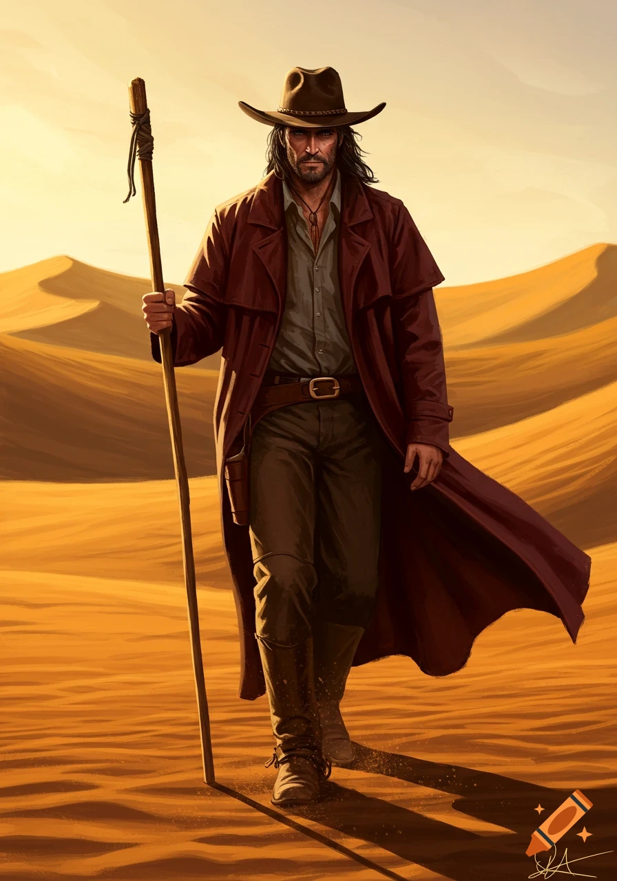 A rugged man with long dark hair, a stetson hat, and a duster walks through a golden desert at sunset, leaning on a staff. Digital art style.