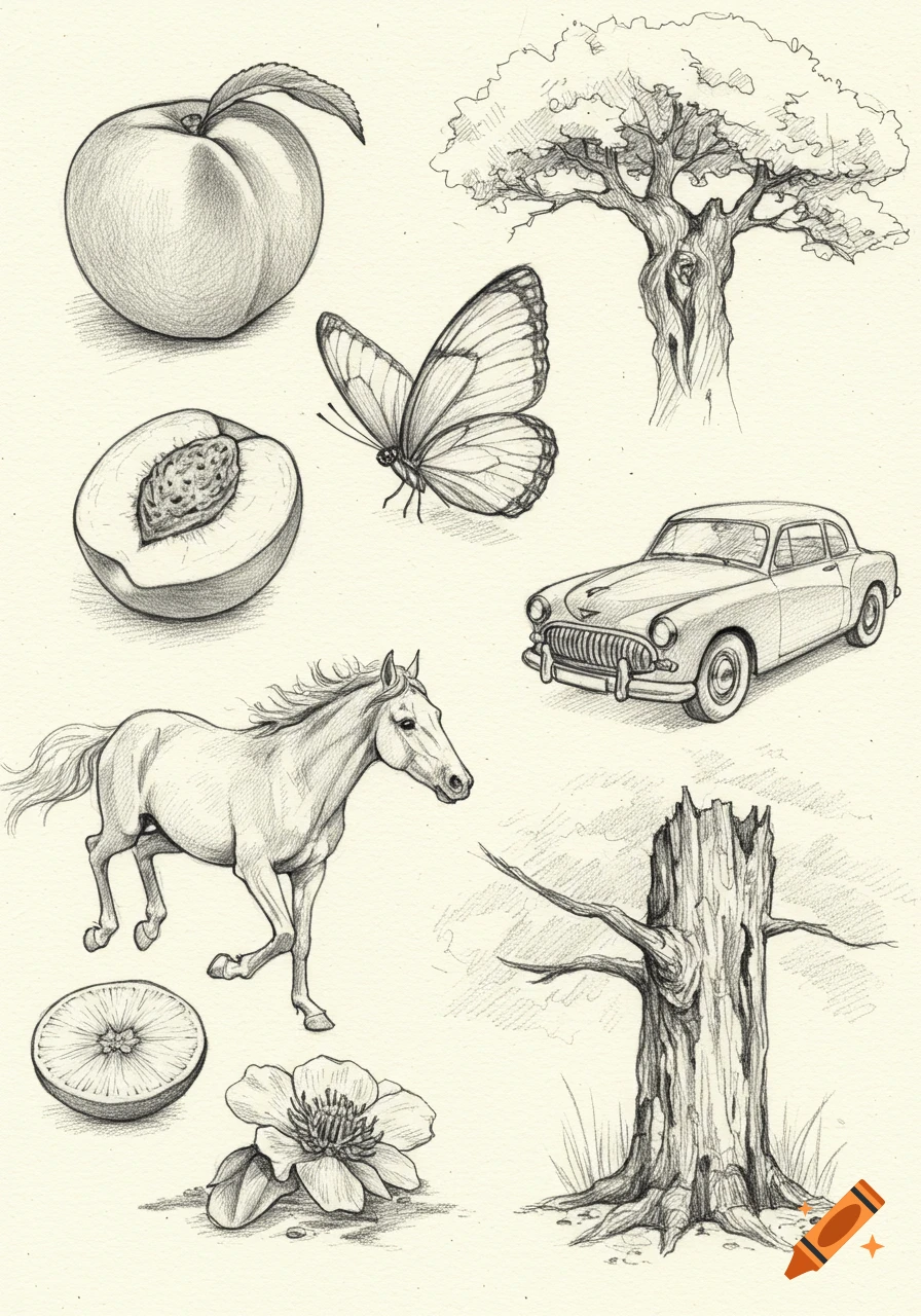 Detailed pencil sketches of a peach, butterfly, tree, vintage car, horse, orange slice, flower, and tree stump on textured paper.