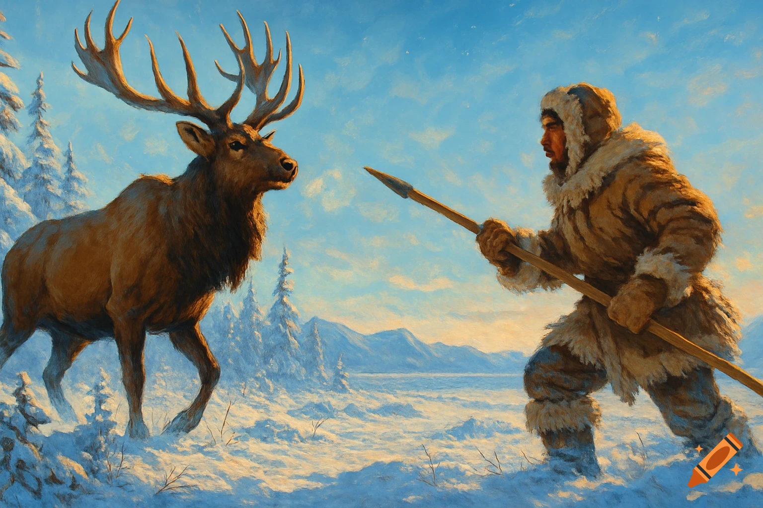 A hunter in fur clothing confronts a large elk with a spear in a snowy, painterly winter landscape.
