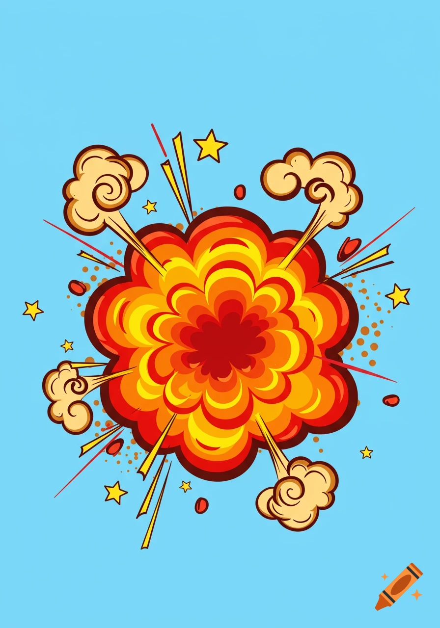 A vibrant cartoon explosion with red, orange, and yellow flames, surrounded by smoke clouds, stars, and speed lines on a light blue background.