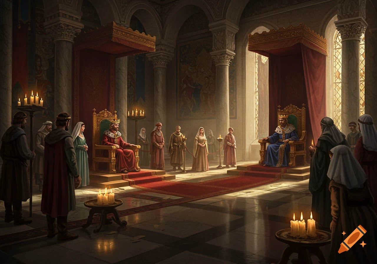 Two kings on ornate thrones in a grand hall, with subjects gathered before them, illuminated by candlelight. Photorealistic.