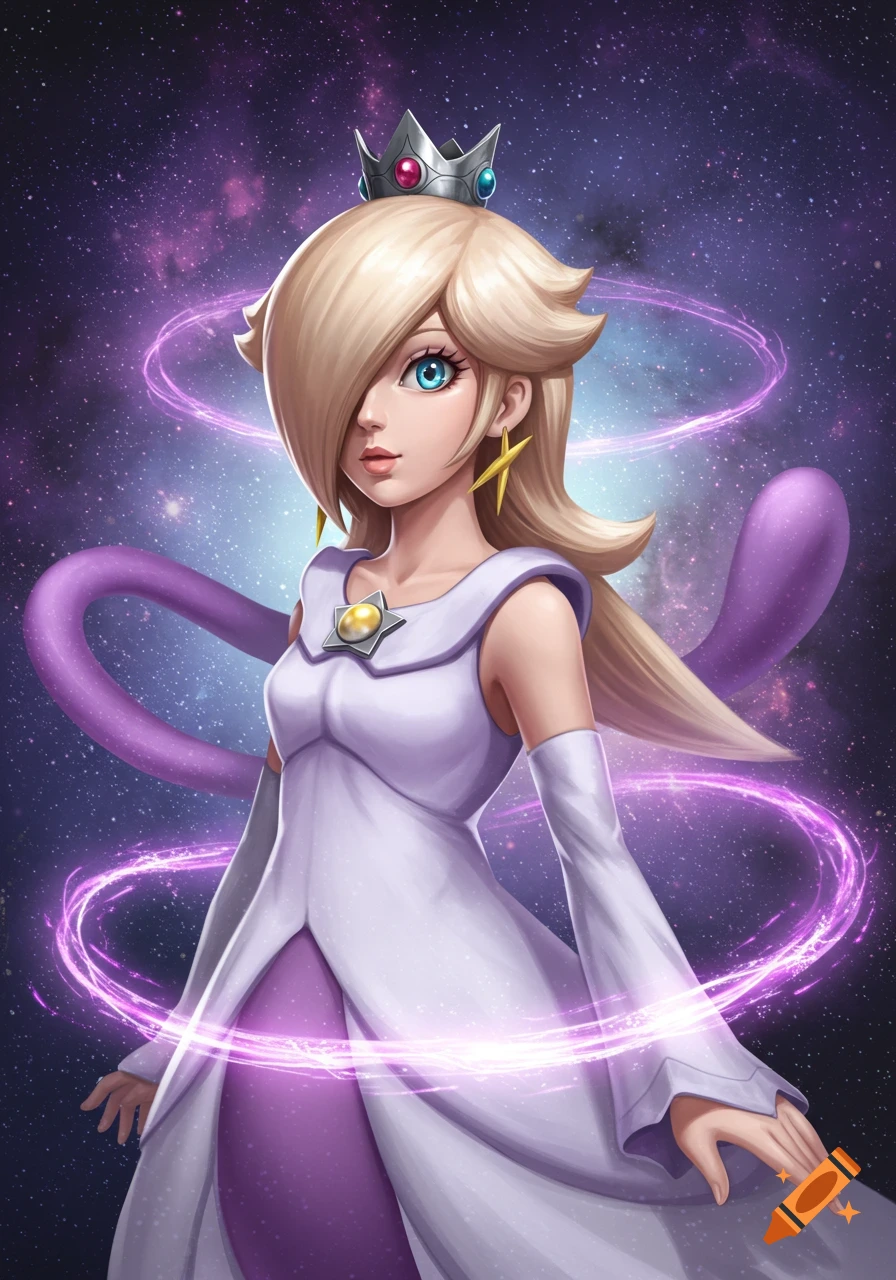 Rosalina in a white and purple celestial gown, with a crown and long blonde hair, against a starry galaxy background with glowing rings.