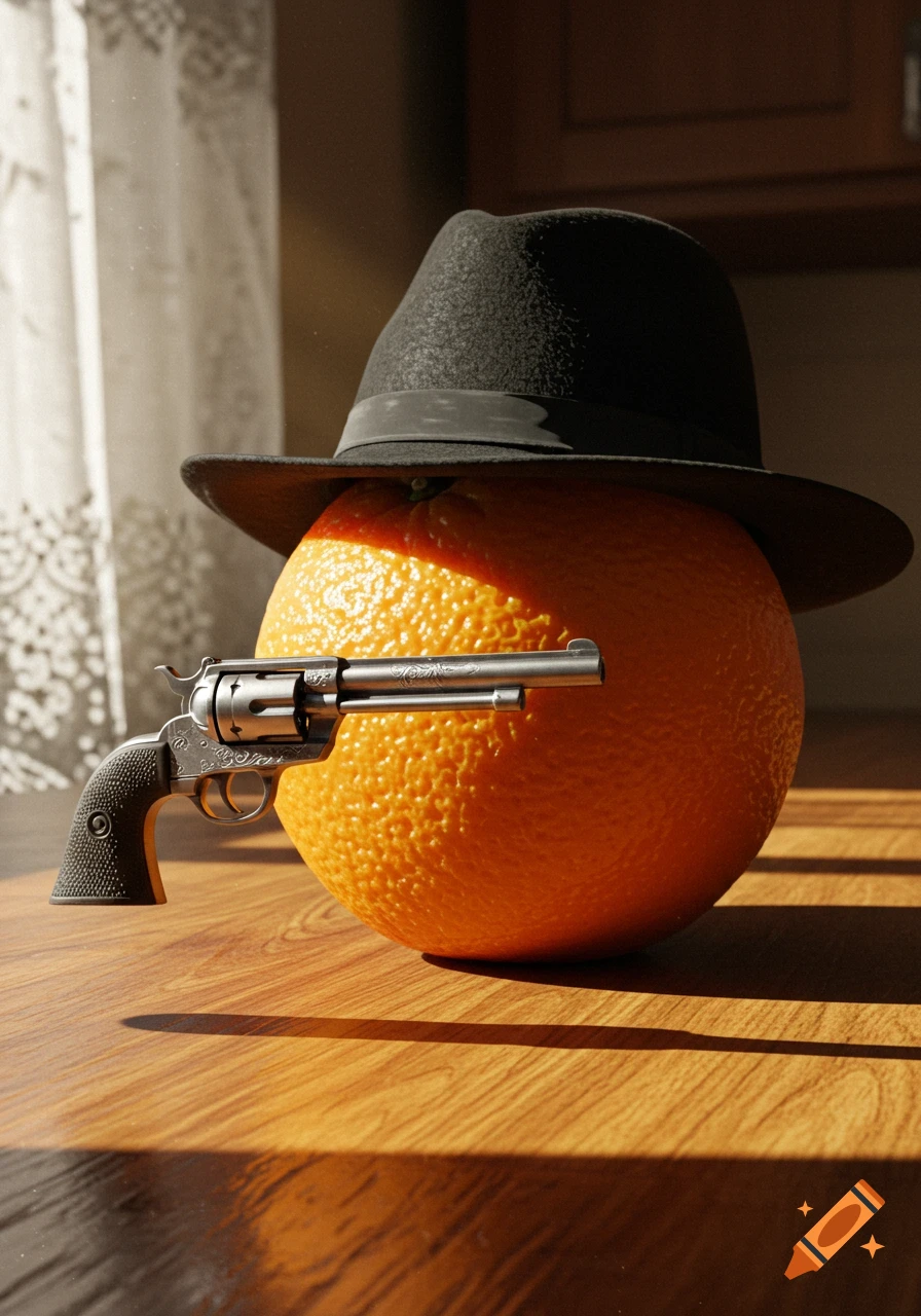 A photorealistic still life of an orange wearing a black fedora hat and holding a silver revolver gun on a wooden table in sunlight.