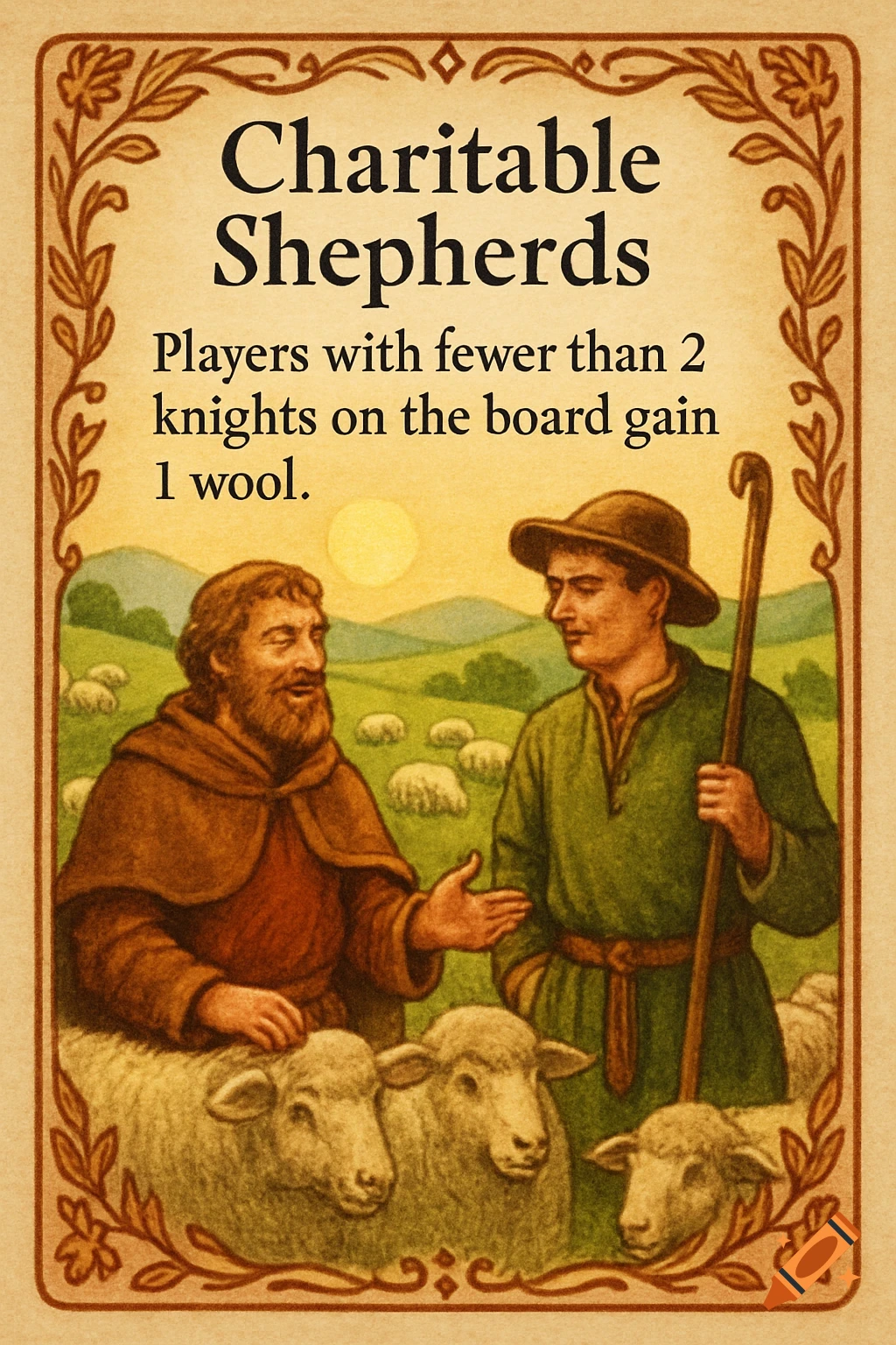 An illustrated game card titled 'Charitable Shepherds' featuring two men with three sheep in a green, hilly landscape.