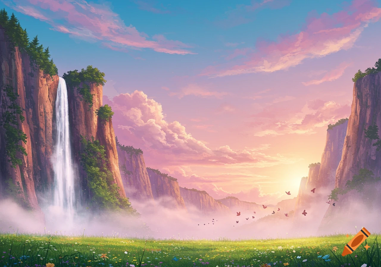 Vibrant fantasy landscape featuring a large waterfall, rocky cliffs, and a wildflower-filled meadow under a pink and blue sunset sky with birds.