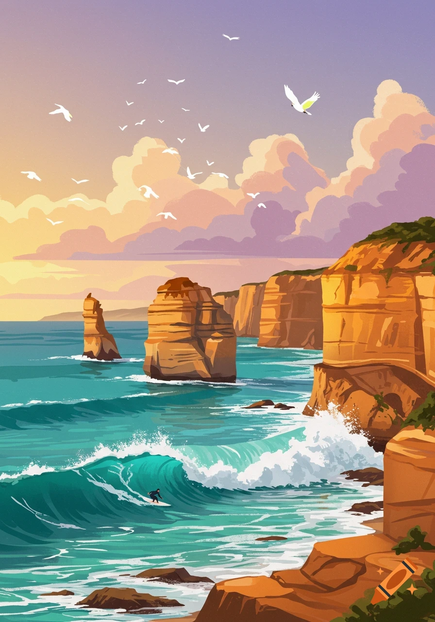 Stylized illustration of a surfer riding a turquoise wave past towering coastal rock formations under a vibrant sunset sky with birds flying.